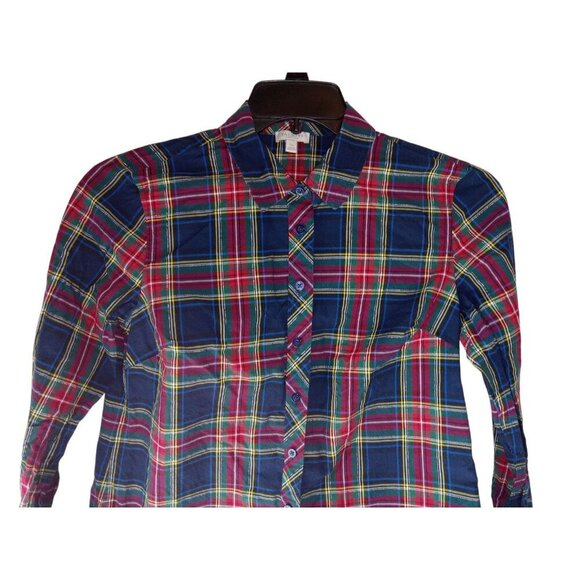 Talbots Shirt Womens Sz SP Petite By Navy Blue Red Tartan Plaid Button Up Cotton - Picture 2 of 10
